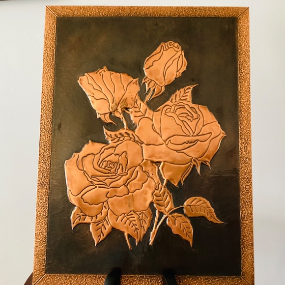 This is a vintage copper relief art piece featuring embossed roses - Picture 2 of 4